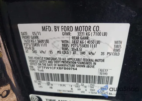 2011 Ford F-150 Lariat from USA, damaged, VIN 1FTFW1CFXBFB69764